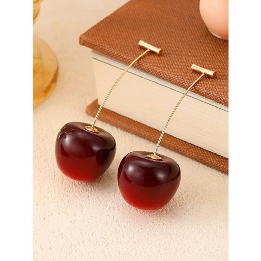 Cherry Drop Earrings Playful Realistic Three Dimensional For Pierced Ears
